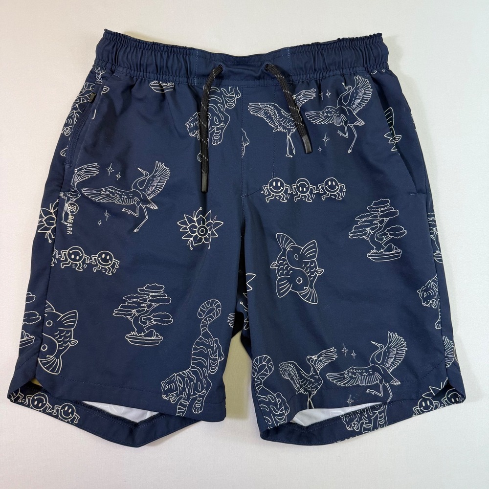 Roark Run Amok Serrano 2.0 Shorts Mens Small Navy Blue AOP Graphic Stretch Train
